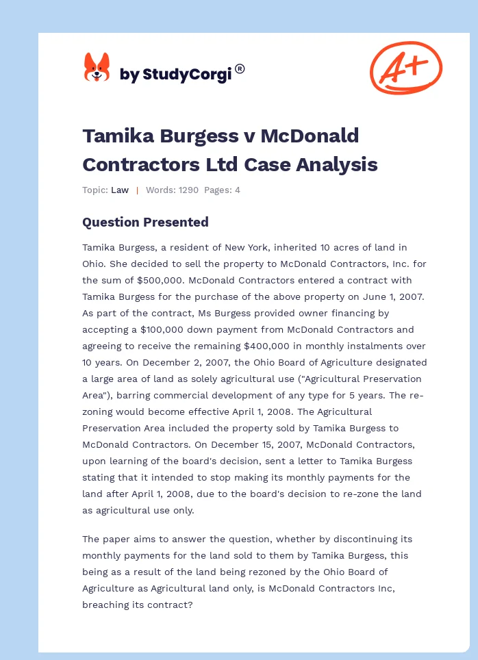 Tamika Burgess v McDonald Contractors Ltd Case Analysis. Page 1