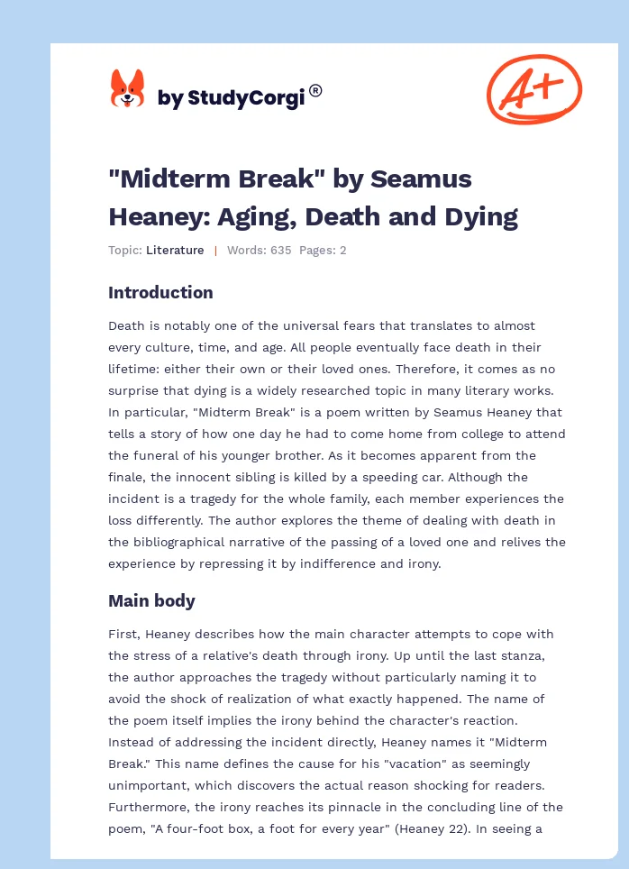 "Midterm Break" by Seamus Heaney: Aging, Death and Dying. Page 1