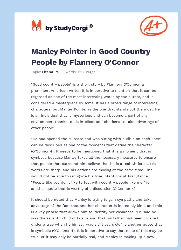 Manley Pointer in Good Country People by Flannery O'Connor. Page 1