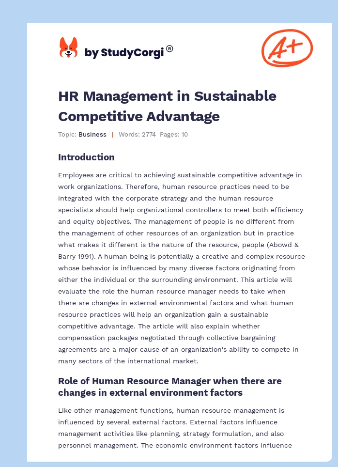 HR Management in Sustainable Competitive Advantage. Page 1