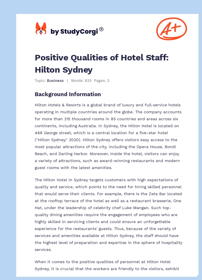 Positive Qualities of Hotel Staff: Hilton Sydney. Page 1