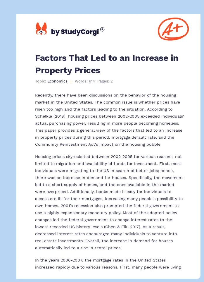 Factors That Led to an Increase in Property Prices. Page 1