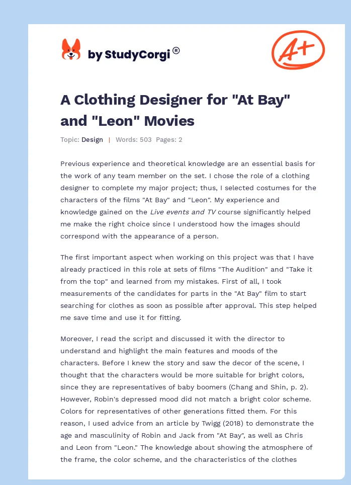 A Clothing Designer for "At Bay" and "Leon" Movies. Page 1
