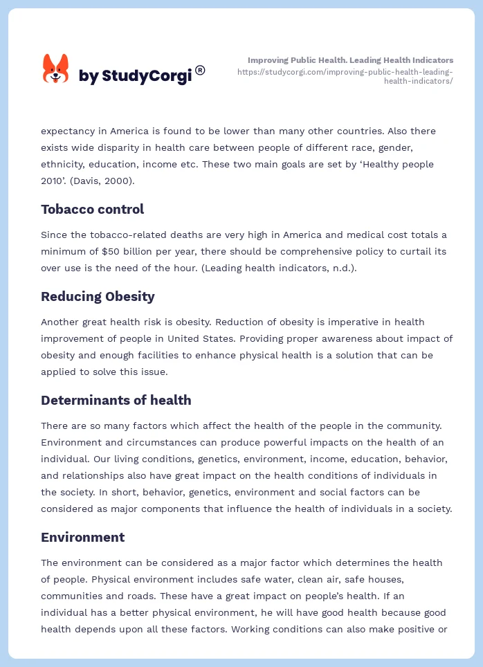 Improving Public Health. Leading Health Indicators. Page 2