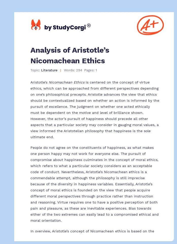 Analysis of Aristotle’s Nicomachean Ethics. Page 1