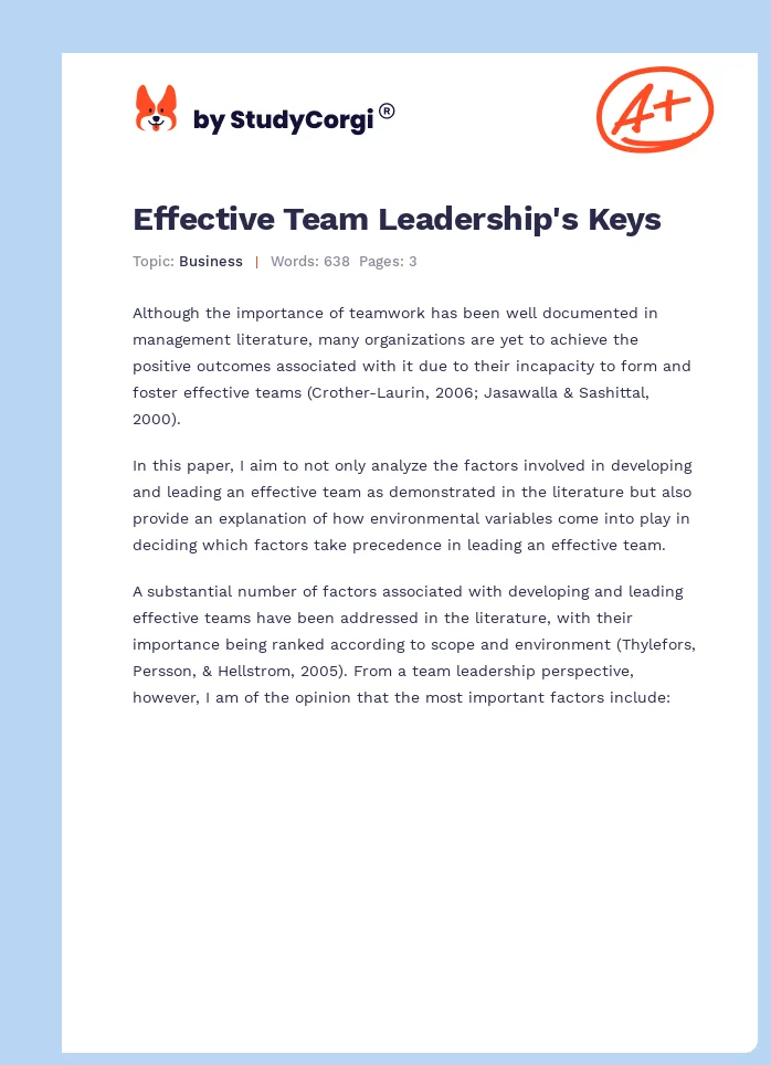 Effective Team Leadership's Keys. Page 1