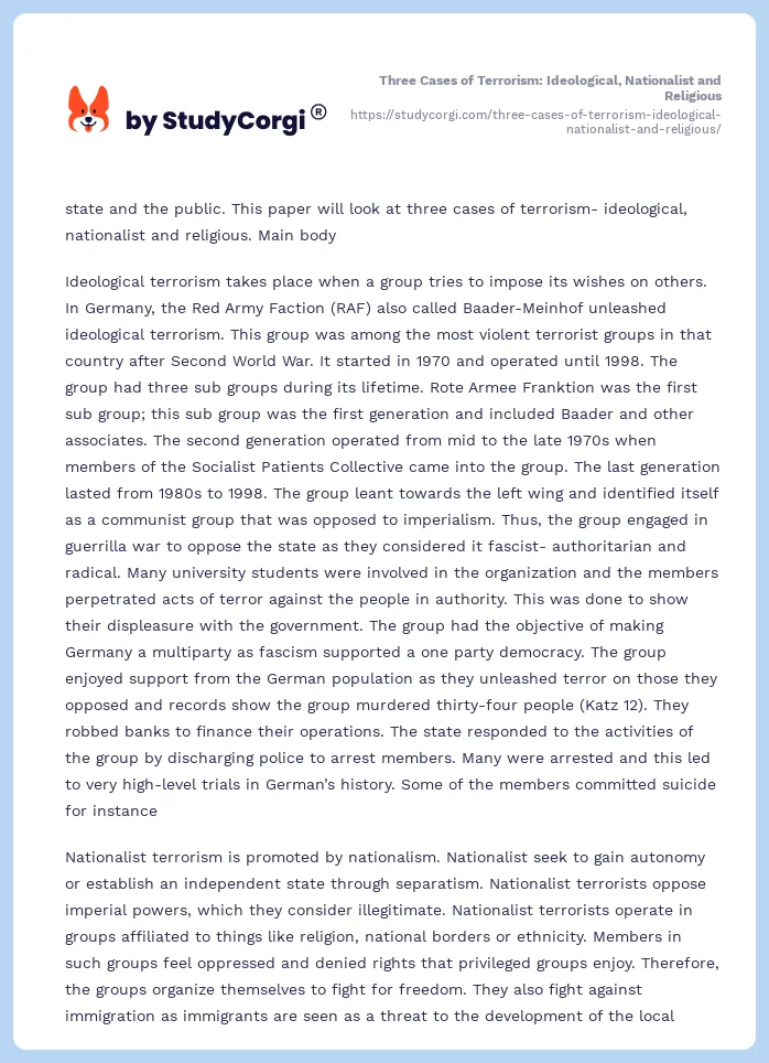 Three Cases of Terrorism: Ideological, Nationalist and Religious. Page 2