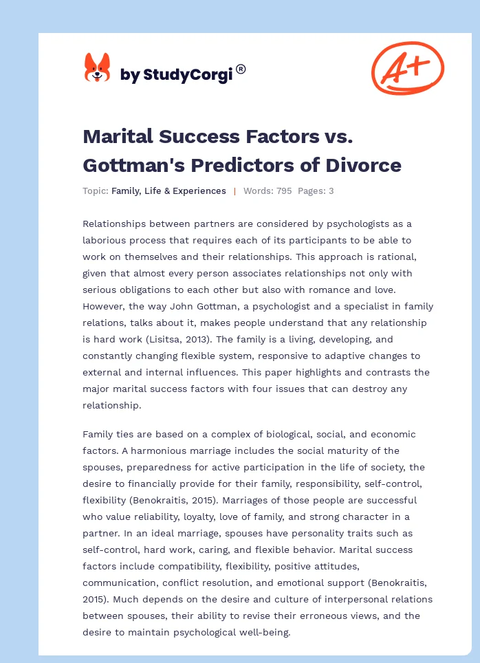 Marital Success Factors vs. Gottman's Predictors of Divorce. Page 1