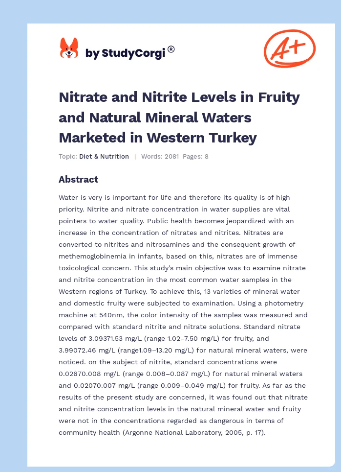 Nitrate and Nitrite Levels in Fruity and Natural Mineral Waters Marketed in Western Turkey. Page 1