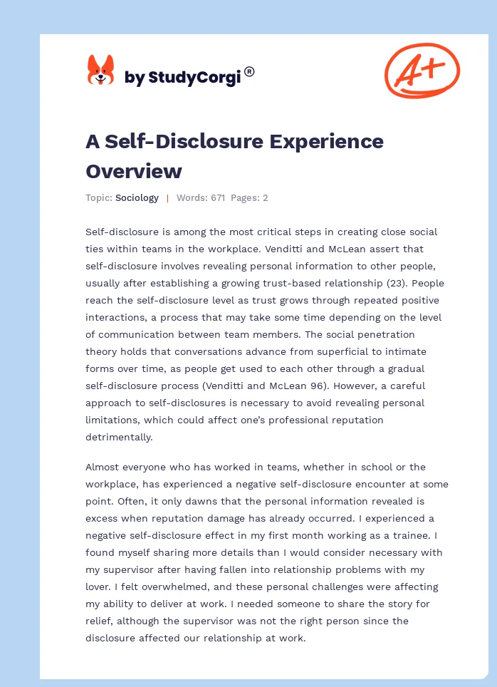 A Self-Disclosure Experience Overview. Page 1