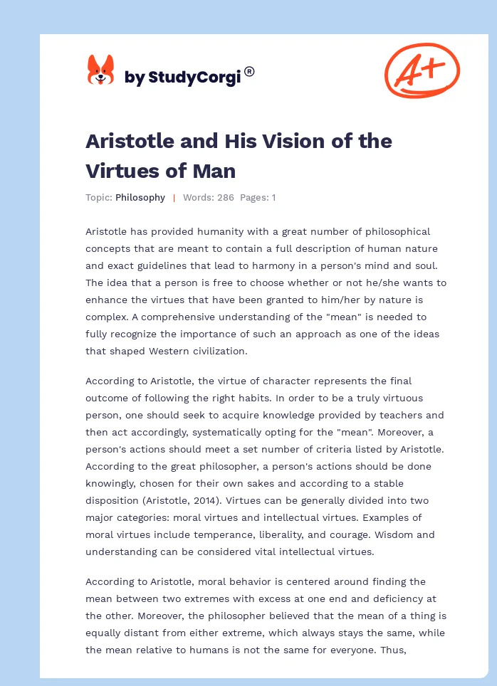 Aristotle and His Vision of the Virtues of Man. Page 1