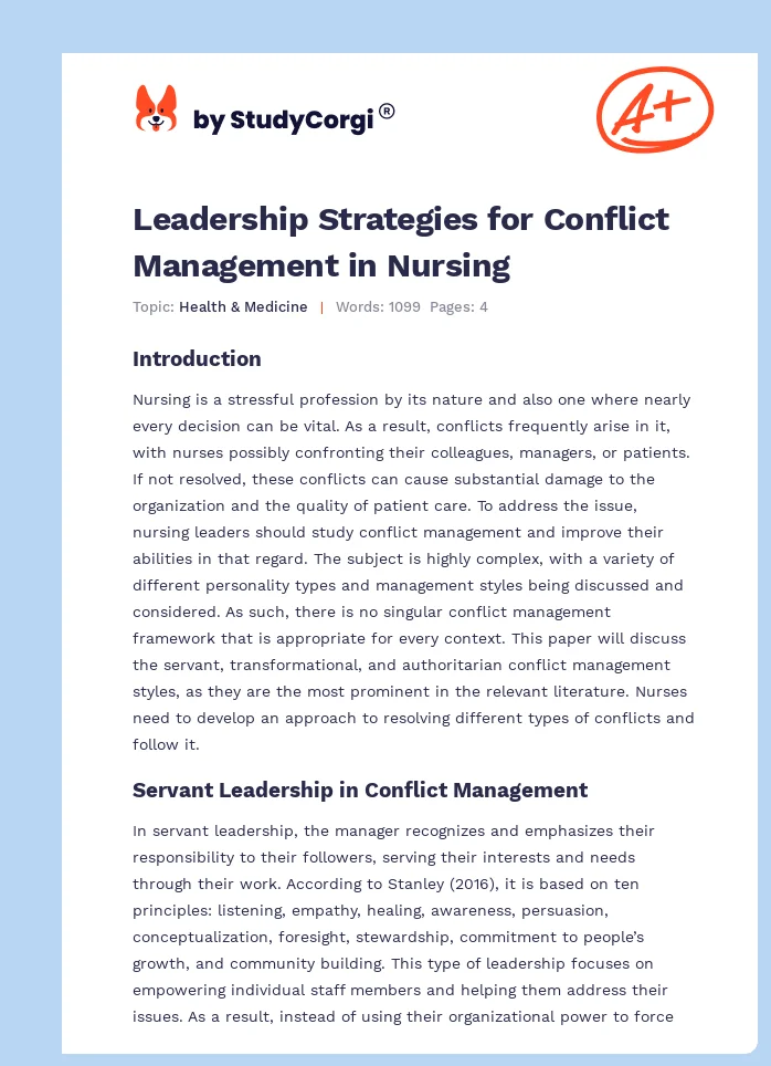 Leadership Strategies for Conflict Management in Nursing. Page 1