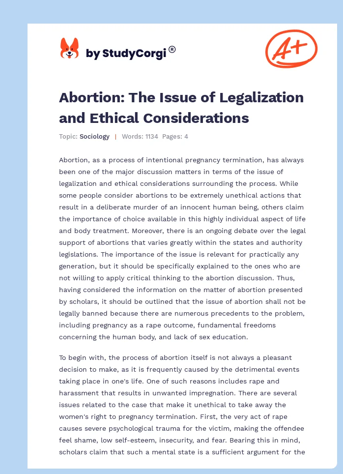 Abortion: The Issue of Legalization and Ethical Considerations. Page 1