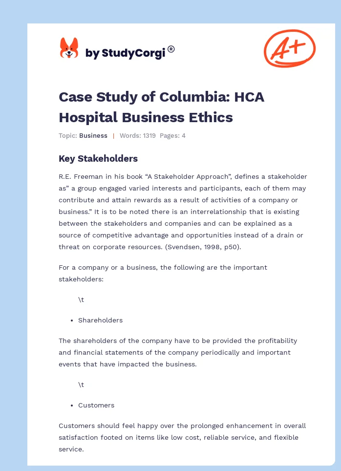 Case Study of Columbia: HCA Hospital Business Ethics. Page 1