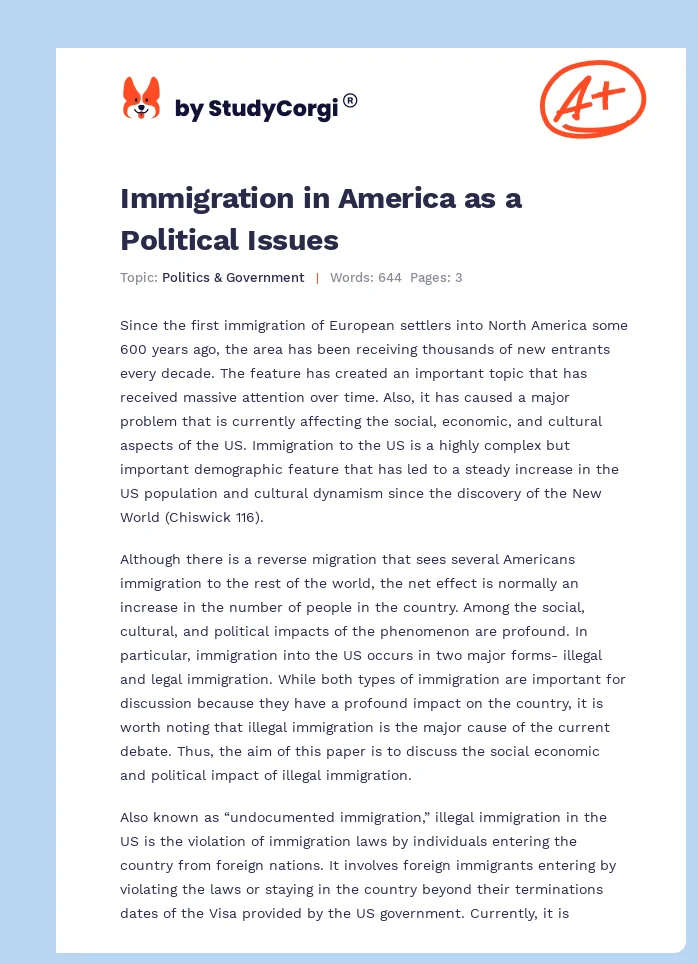 Immigration in America as a Political Issues. Page 1