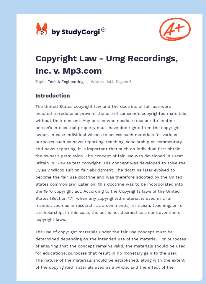 Copyright Law - Umg Recordings, Inc. v. Mp3.com. Page 1