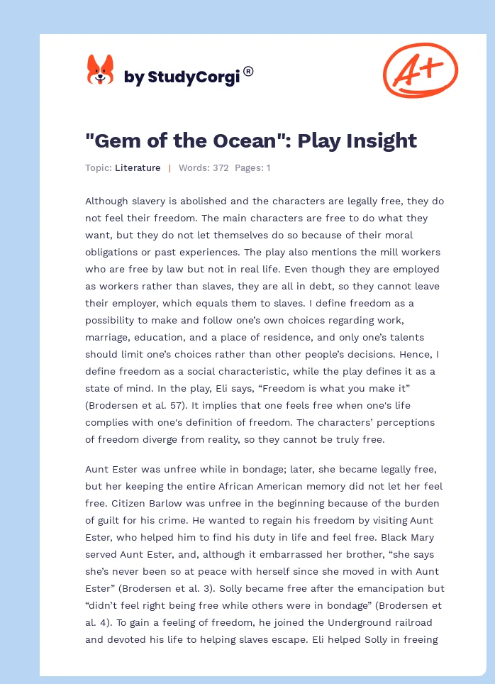 "Gem of the Ocean": Play Insight. Page 1