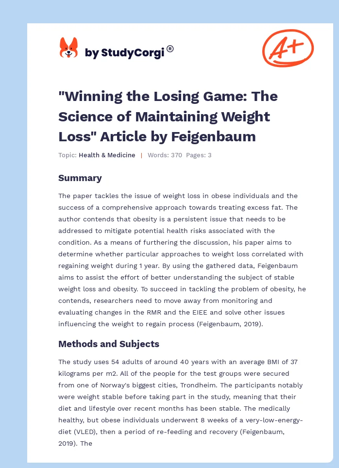 "Winning the Losing Game: The Science of Maintaining Weight Loss" Article by Feigenbaum. Page 1