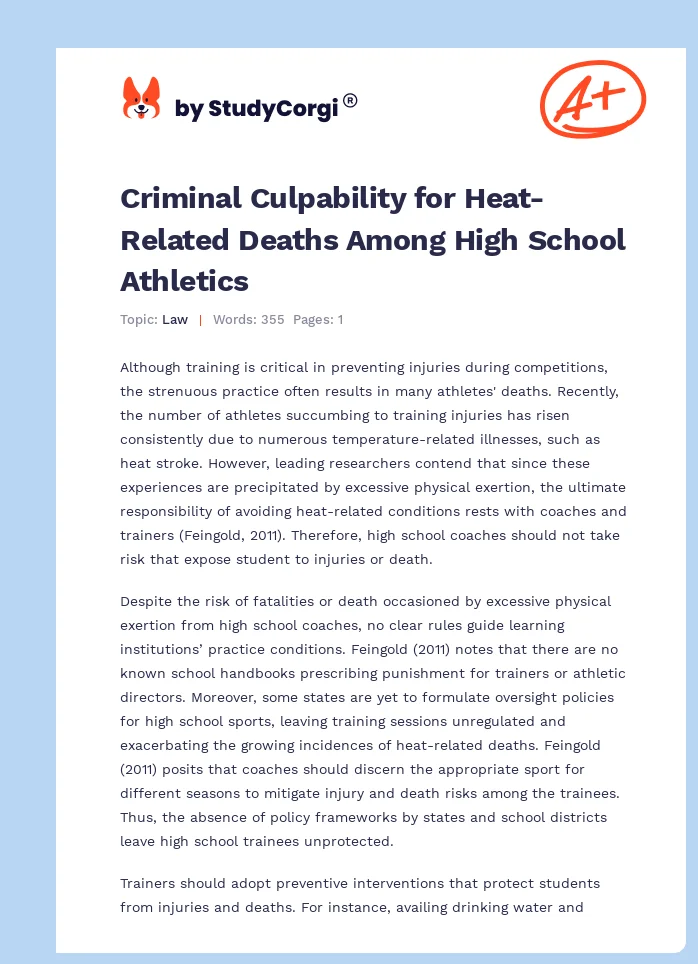 Criminal Culpability for Heat-Related Deaths Among High School Athletics. Page 1