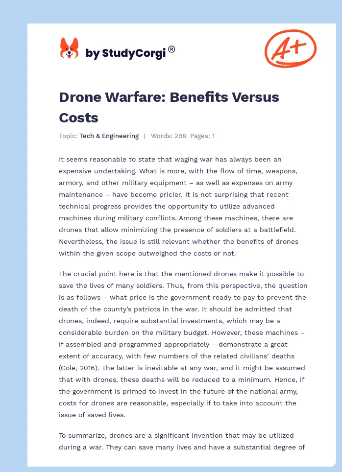 Drone Warfare: Benefits Versus Costs. Page 1
