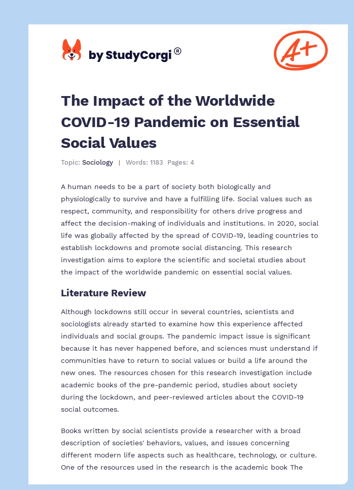 The Impact of the Worldwide COVID-19 Pandemic on Essential Social Values. Page 1