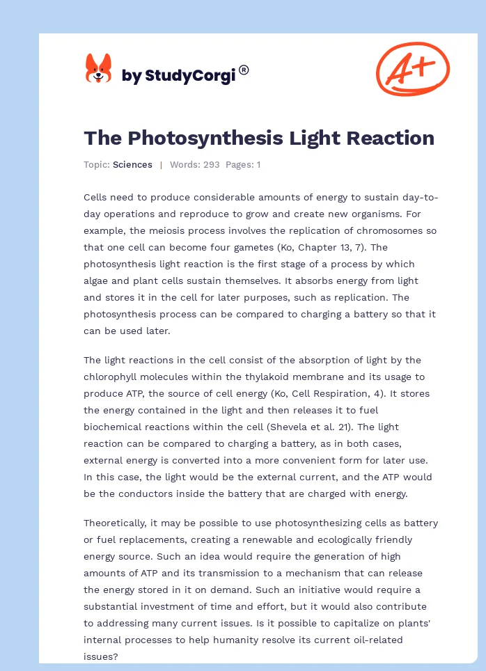 The Photosynthesis Light Reaction. Page 1