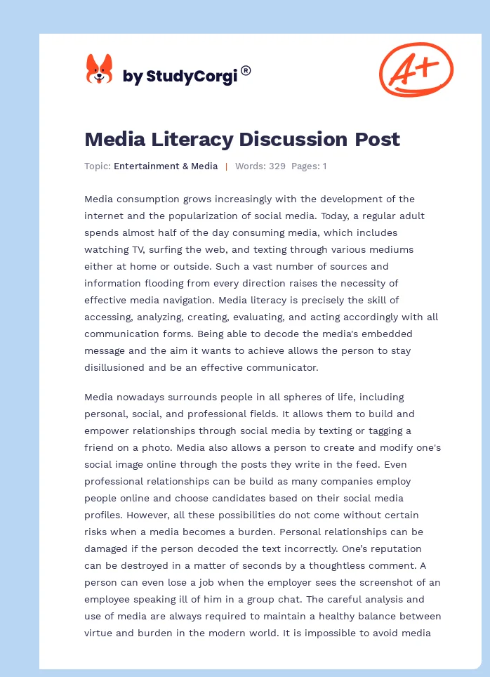 Media Literacy Discussion Post. Page 1