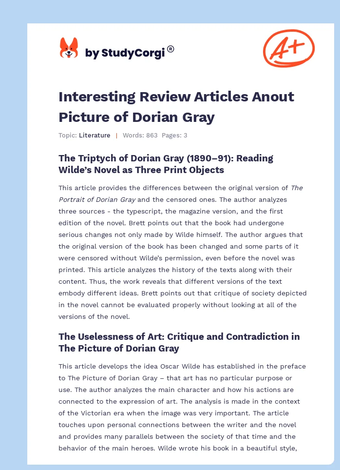Interesting Review Articles Anout Picture of Dorian Gray. Page 1