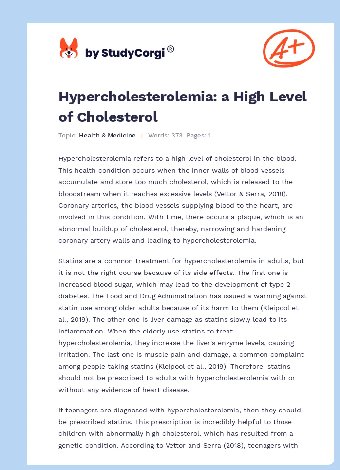 Hypercholesterolemia: a High Level of Cholesterol. Page 1