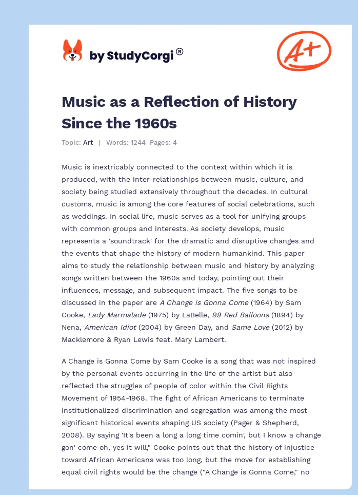 Music as a Reflection of History Since the 1960s. Page 1