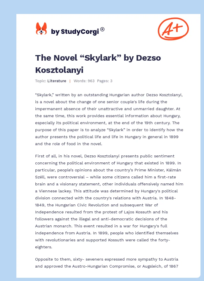 The Novel “Skylark” by Dezso Kosztolanyi. Page 1