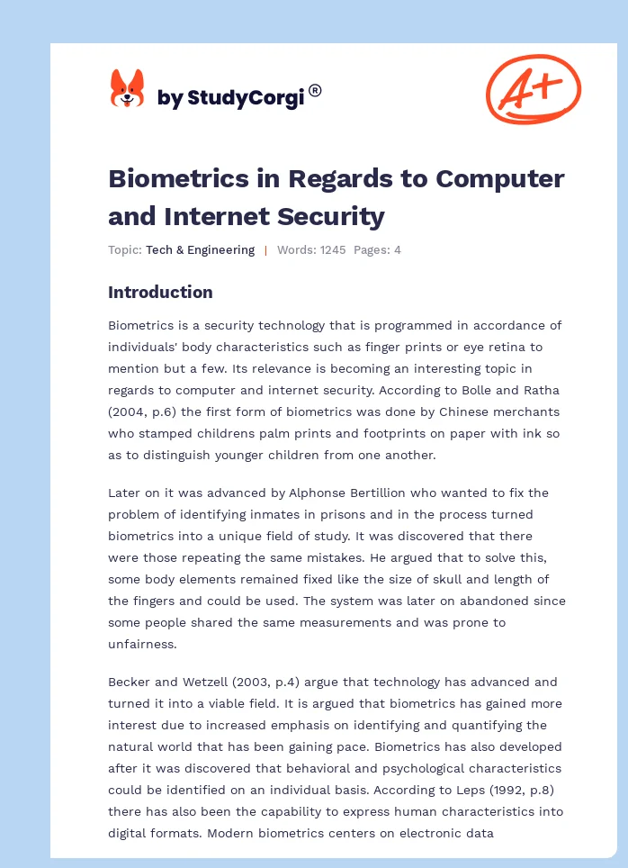Biometrics in Regards to Computer and Internet Security. Page 1