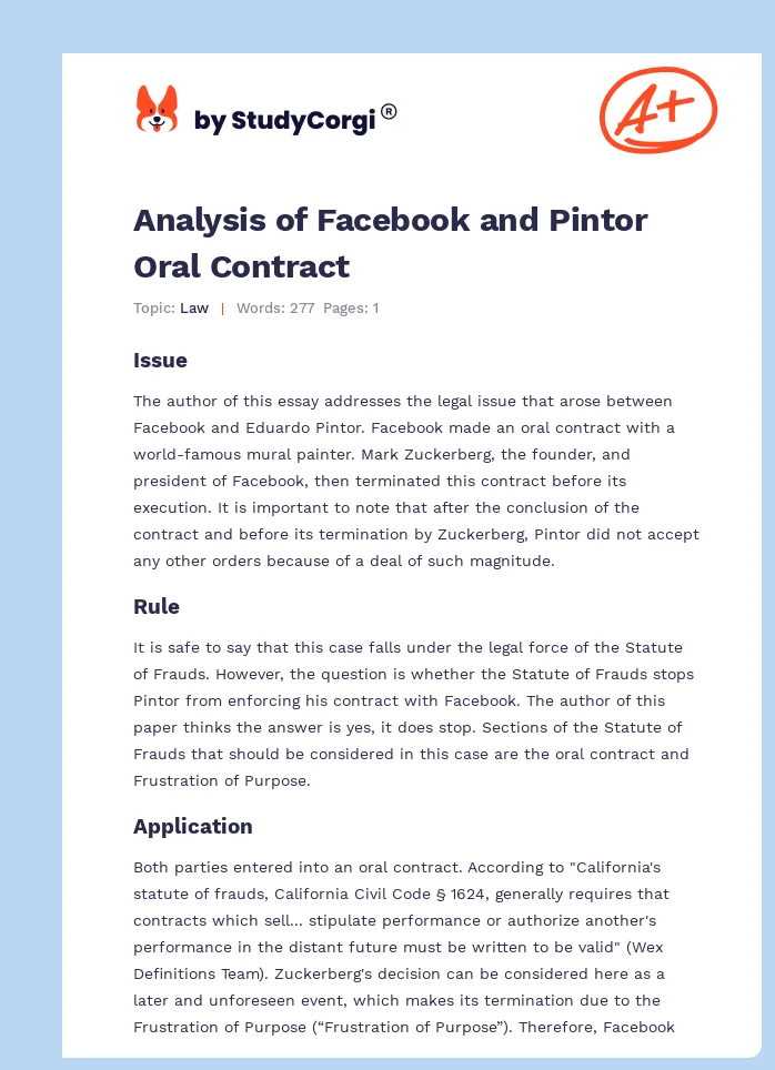 Analysis of Facebook and Pintor Oral Contract. Page 1