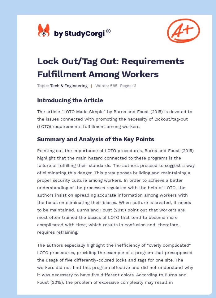 Lock Out/Tag Out: Requirements Fulfillment Among Workers. Page 1