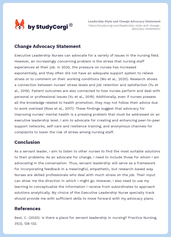 Leadership Style and Change Advocacy Statement. Page 2