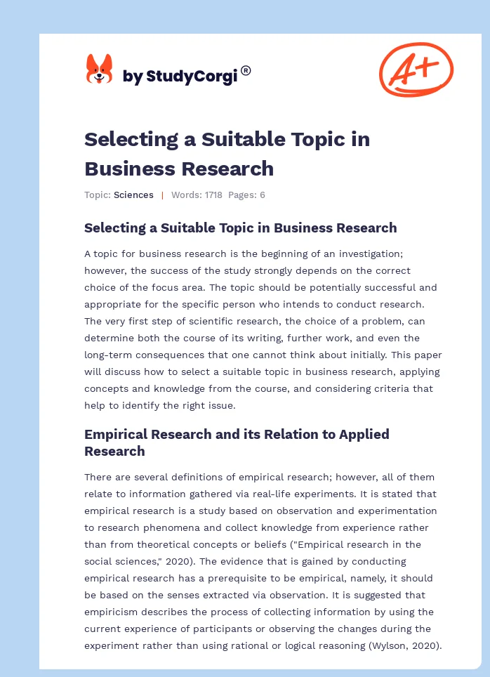 Selecting a Suitable Topic in Business Research. Page 1