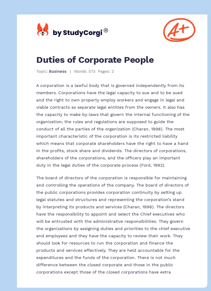 Duties of Corporate People. Page 1