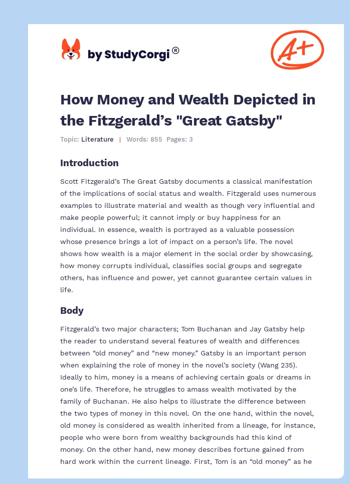 How Money and Wealth Depicted in the Fitzgerald’s "Great Gatsby". Page 1