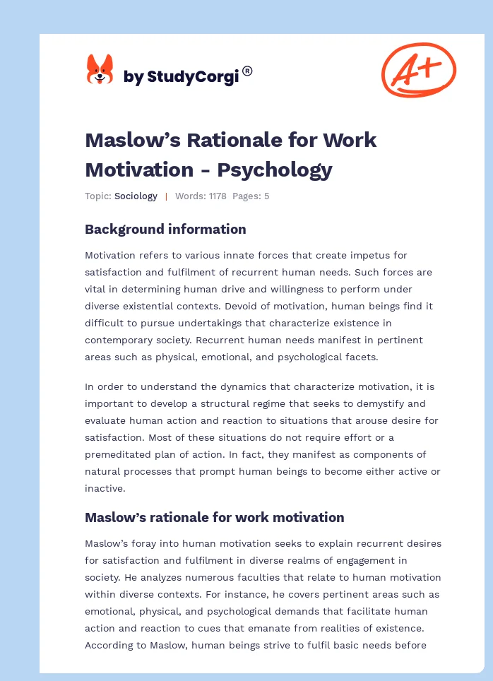 Maslow’s Rationale for Work Motivation - Psychology. Page 1