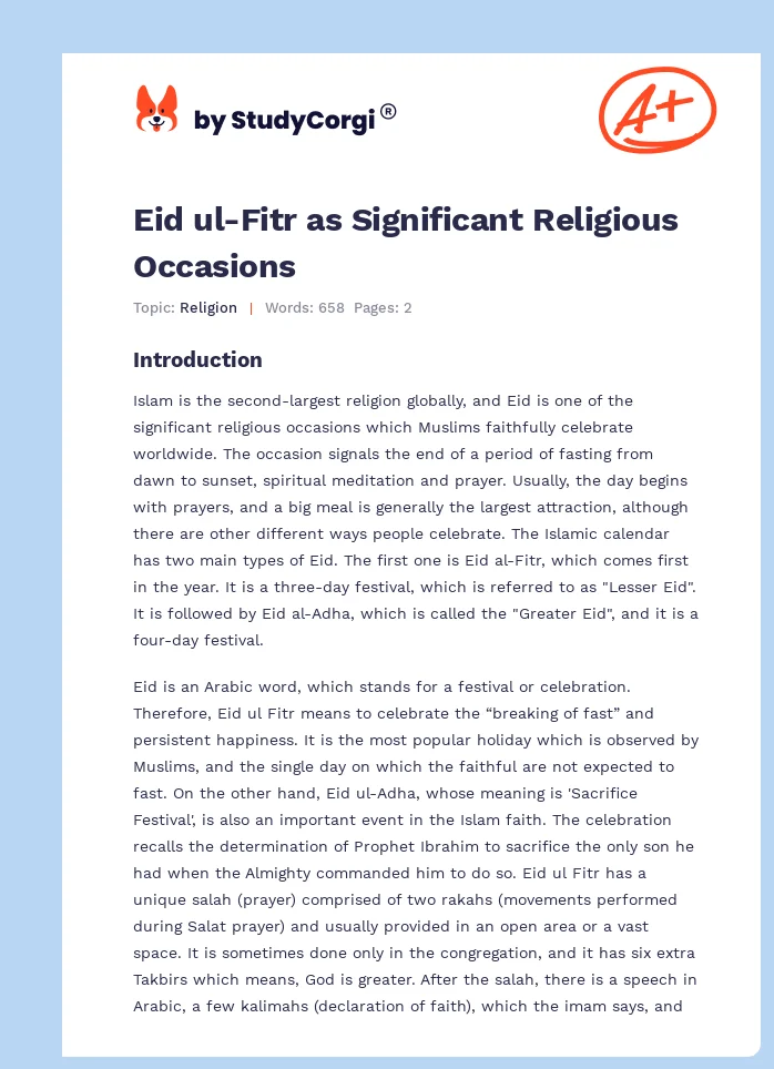 Eid ul-Fitr as Significant Religious Occasions. Page 1