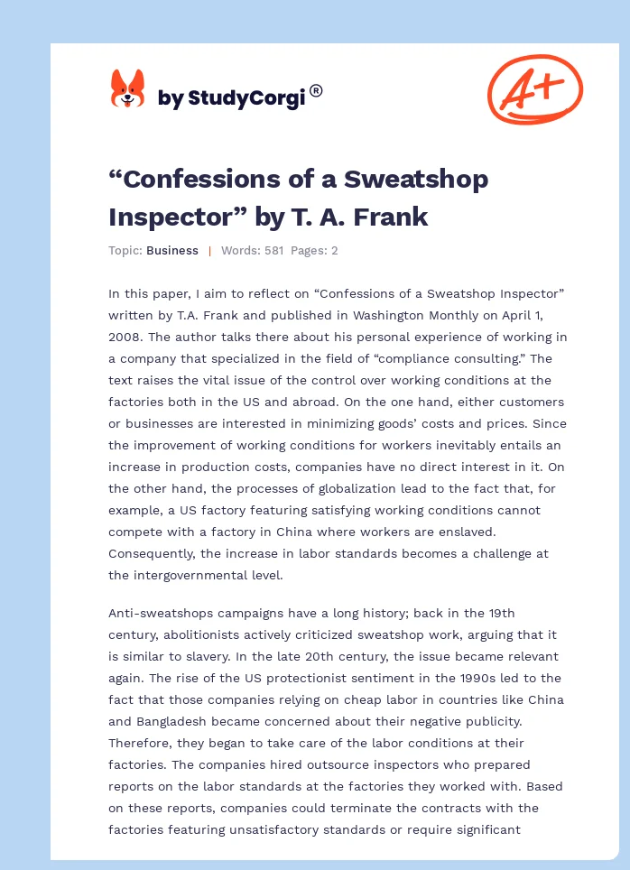 “Confessions of a Sweatshop Inspector” by T. A. Frank. Page 1
