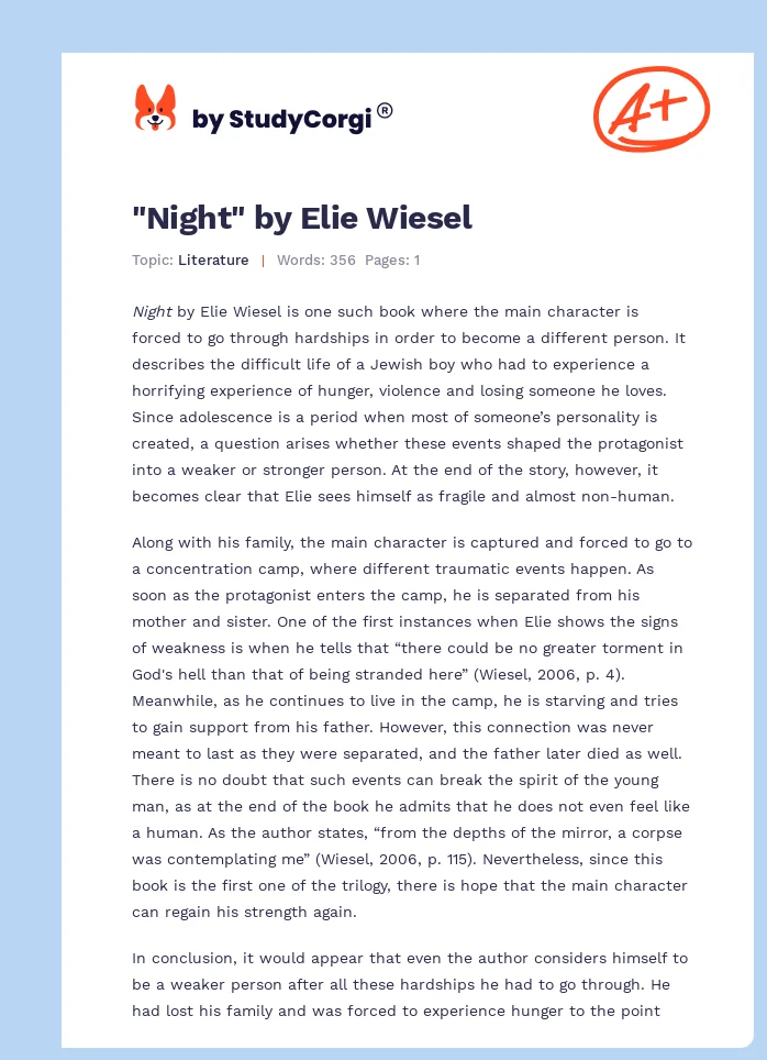 "Night" by Elie Wiesel. Page 1