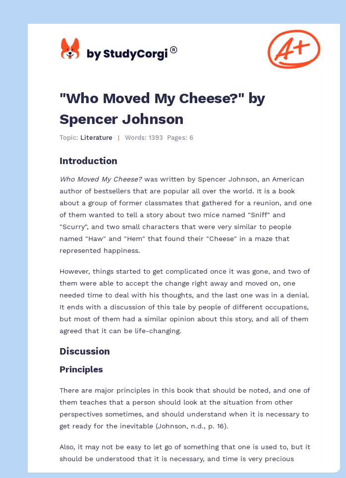 "Who Moved My Cheese?" by Spencer Johnson. Page 1
