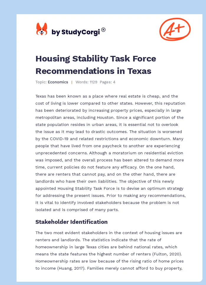 Housing Stability Task Force Recommendations in Texas. Page 1