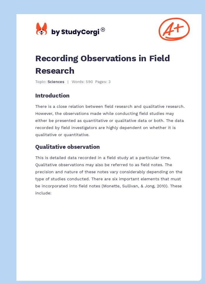 Recording Observations in Field Research. Page 1