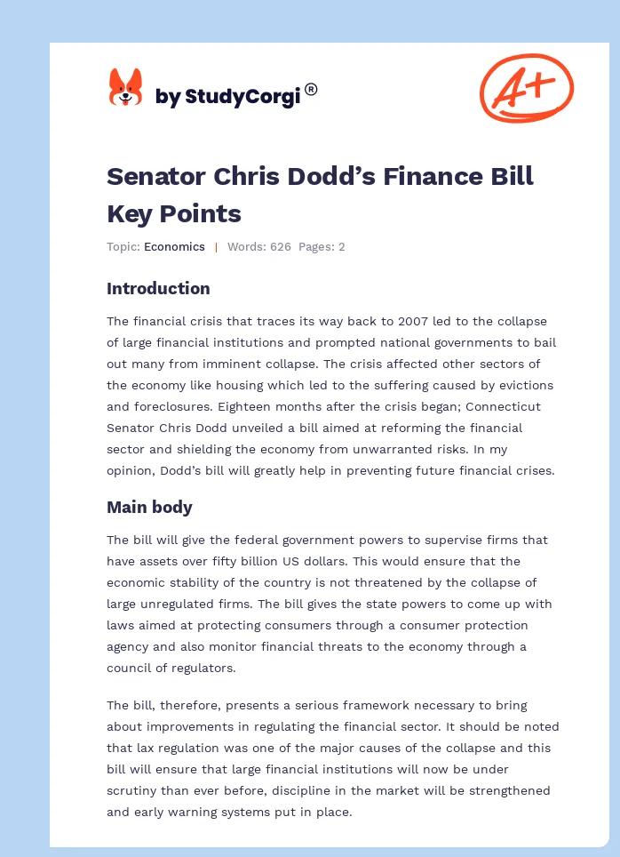 Senator Chris Dodd’s Finance Bill Key Points. Page 1