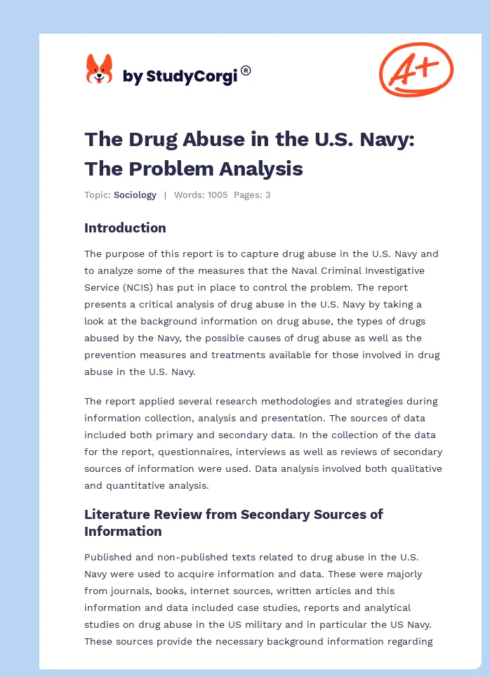 The Drug Abuse in the U.S. Navy: The Problem Analysis. Page 1