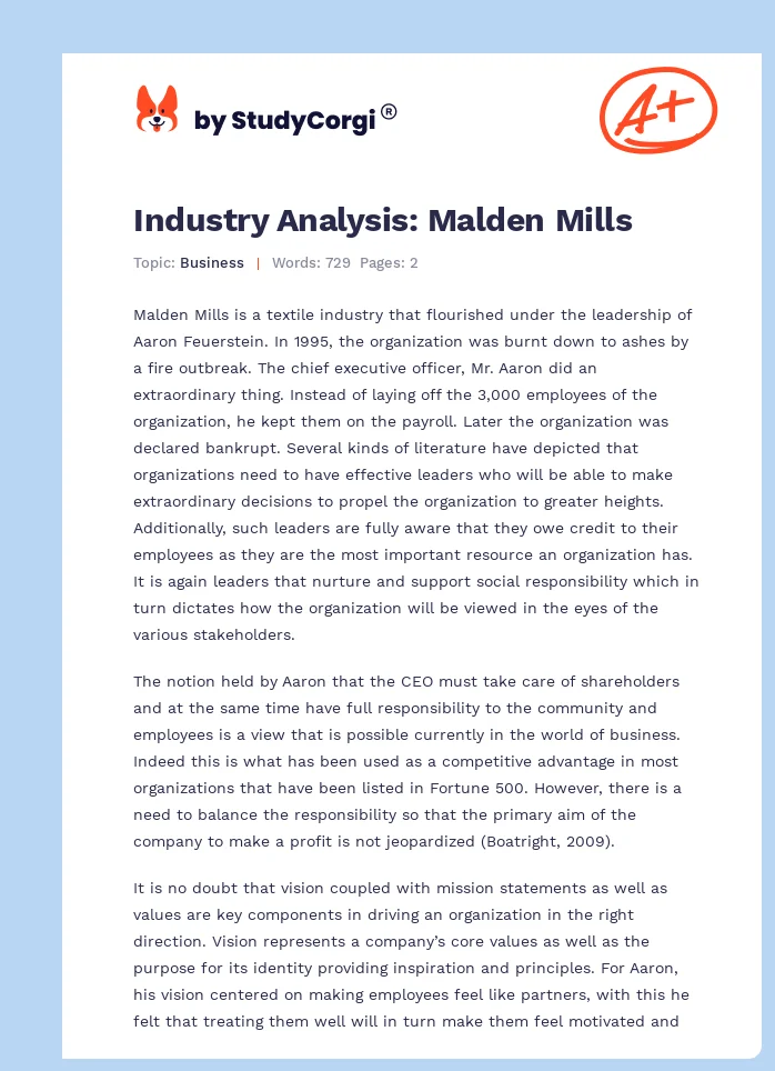 Industry Analysis: Malden Mills. Page 1