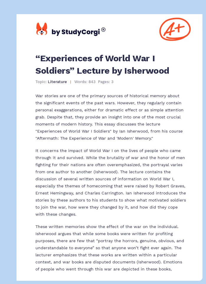 “Experiences of World War I Soldiers” Lecture by Isherwood. Page 1
