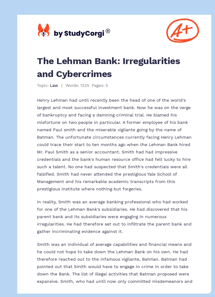 The Lehman Bank: Irregularities and Cybercrimes. Page 1